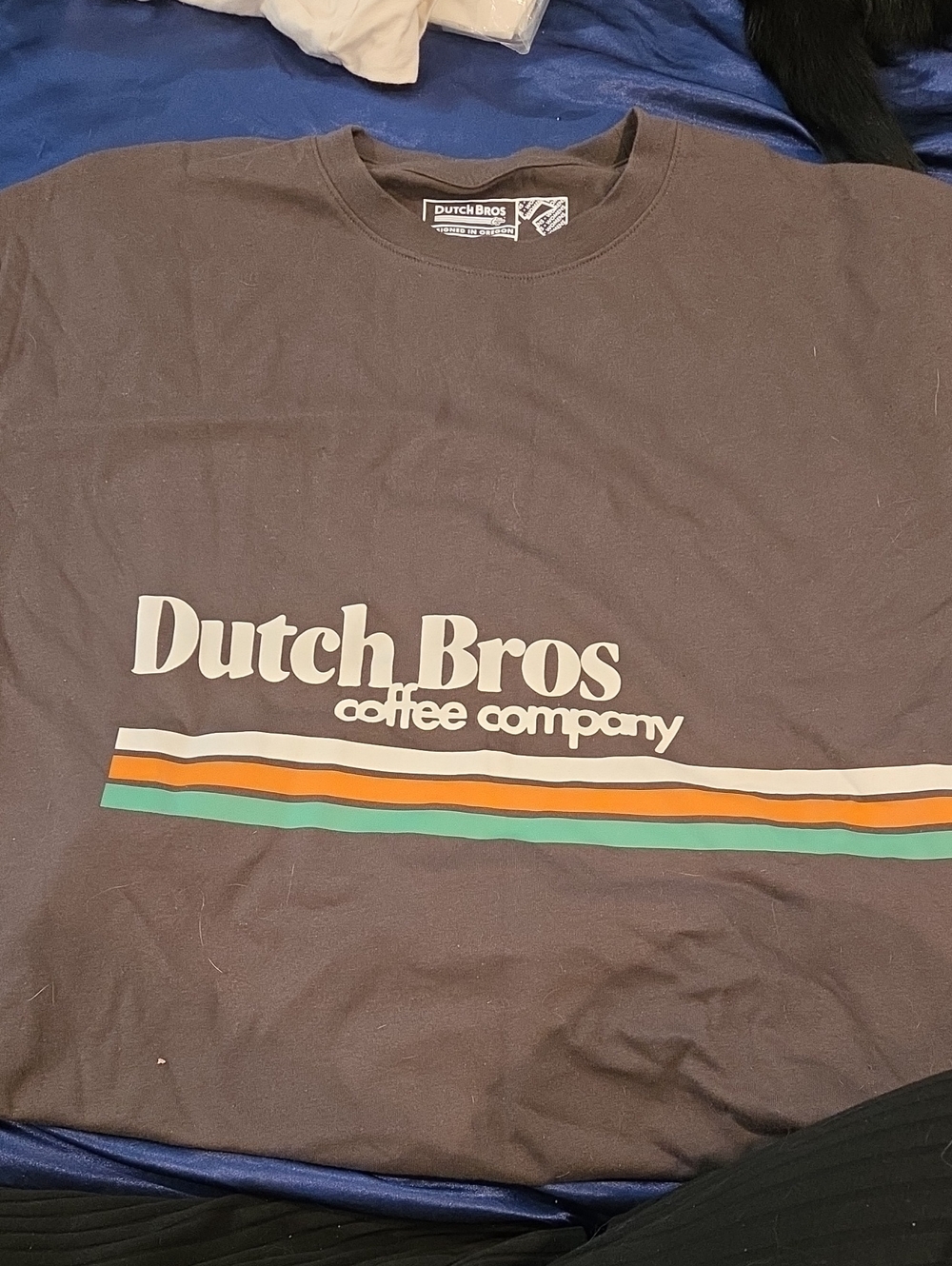 Dutch Bros Short Sleeve Tee in Brown with Orange, Teal & Cream Stripes
